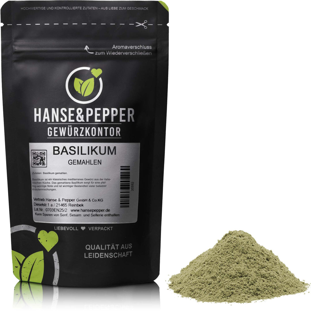 Produkttüte mit Basilikum gemahlen Gewürz