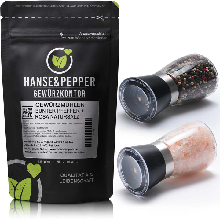 Gewürzmühlen Set 2er Pack gefüllt mit 90g Bunter Pfeffer und 200g Rosa Natursalz