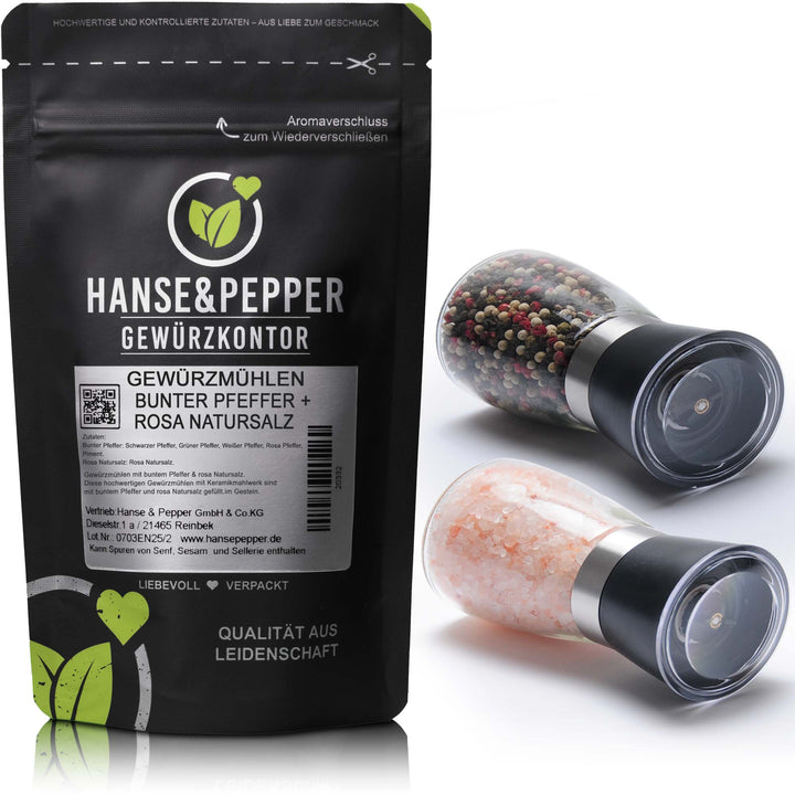 Gewürzmühlen Set 2er Pack gefüllt mit 90g Bunter Pfeffer und 200g Rosa Natursalz