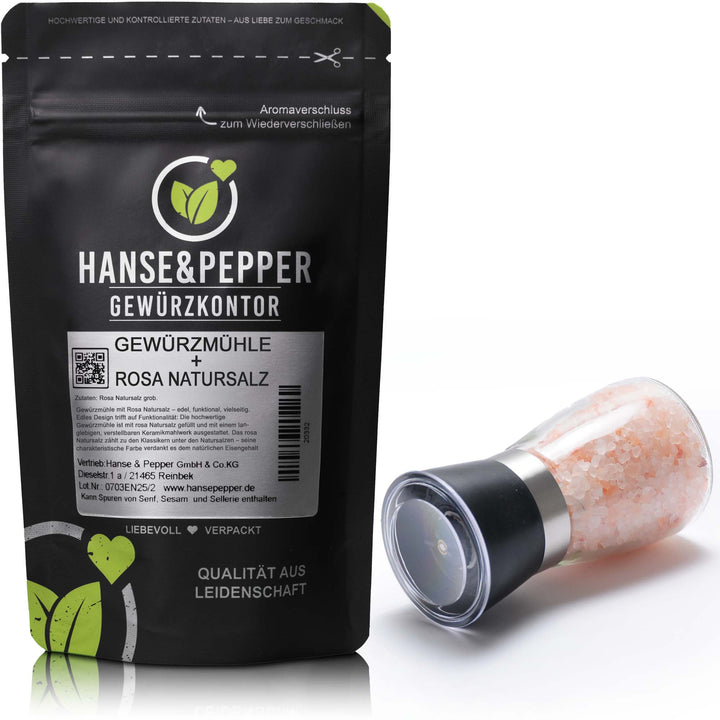 Gewürzmühle mit Keramikmahlwerk gefüllt mit 200g Rosa Natursalz