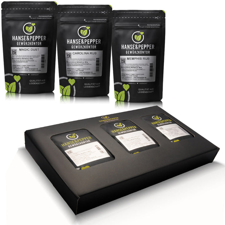 Griller Starter Geschenk Boxen mit je 3 Rubs - Magic Dust, Carolina Rub und Memphis Rub