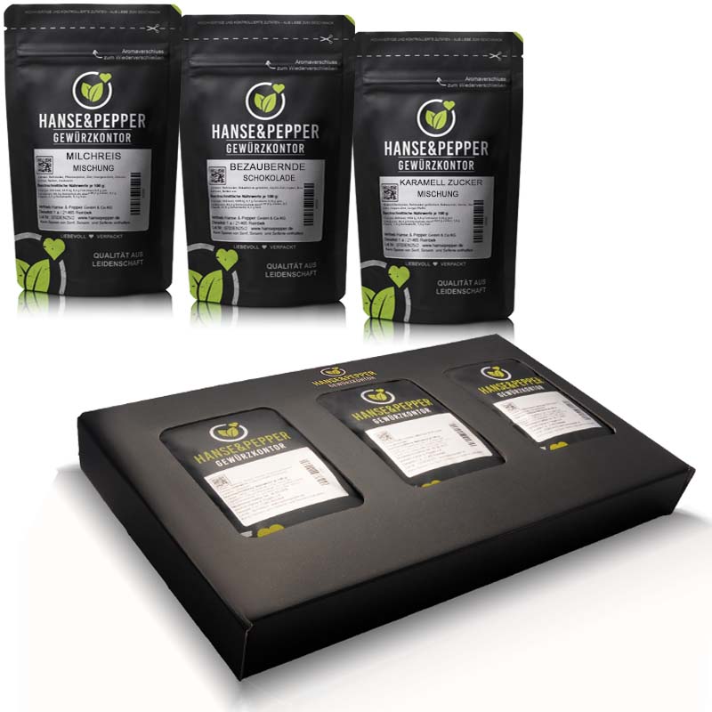 Süße Versuchung Geschenk Box mit Milchreis Gewürz, Bezaubernder Schokolade und Karamell Topping