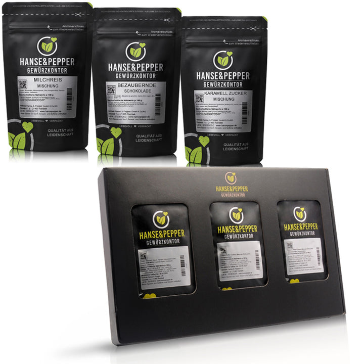 Süße Versuchung Geschenk Box mit Milchreis Gewürz, Bezaubernder Schokolade und Karamell Topping