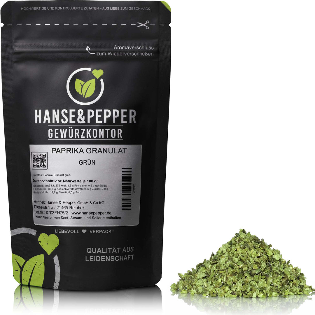 Produkttüte mit Paprika Granulat Gewürz grün