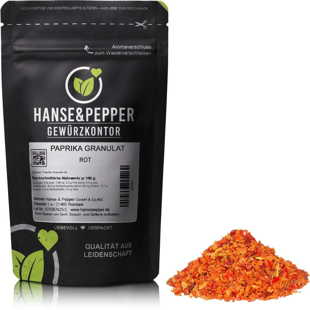 Produkttüte mit Paprika Granulat Gewürz rot